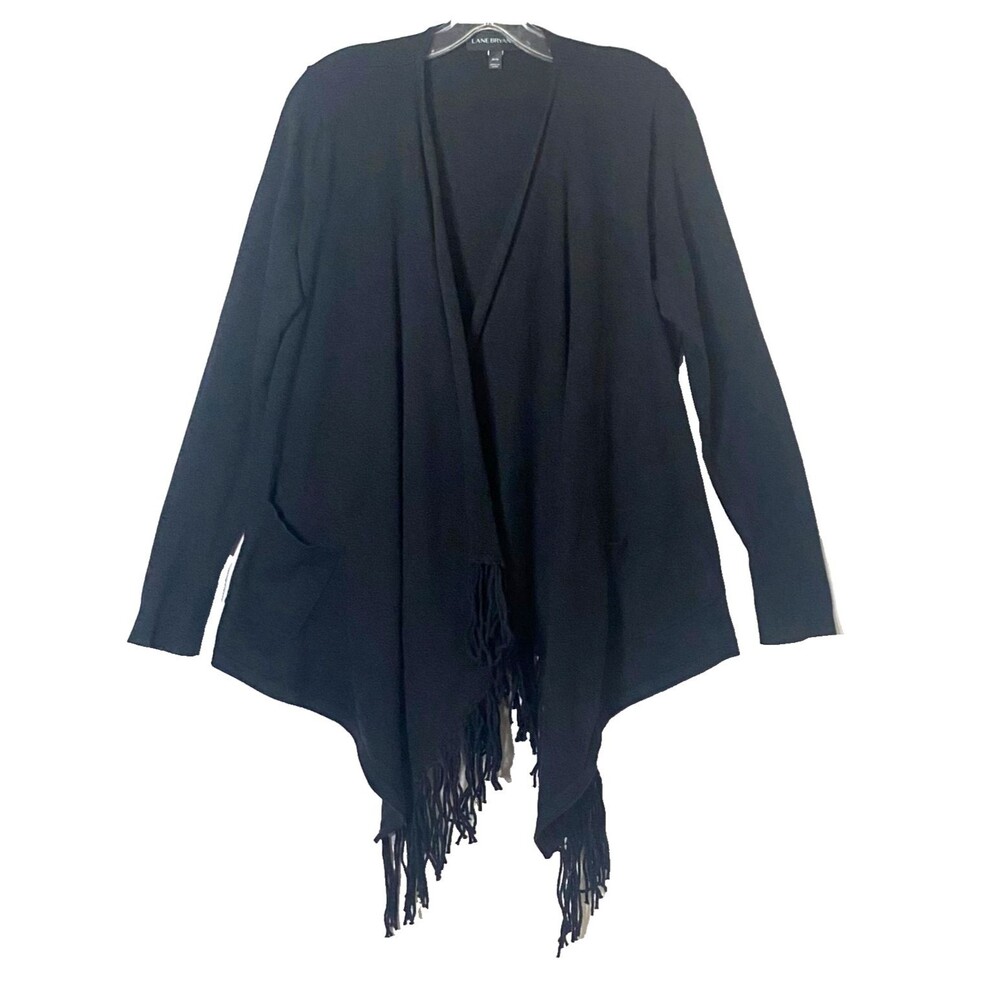 Lane Bryant Fringe Trim Cardigan Size 14|16 Black Wool Blend Pockets Open Front